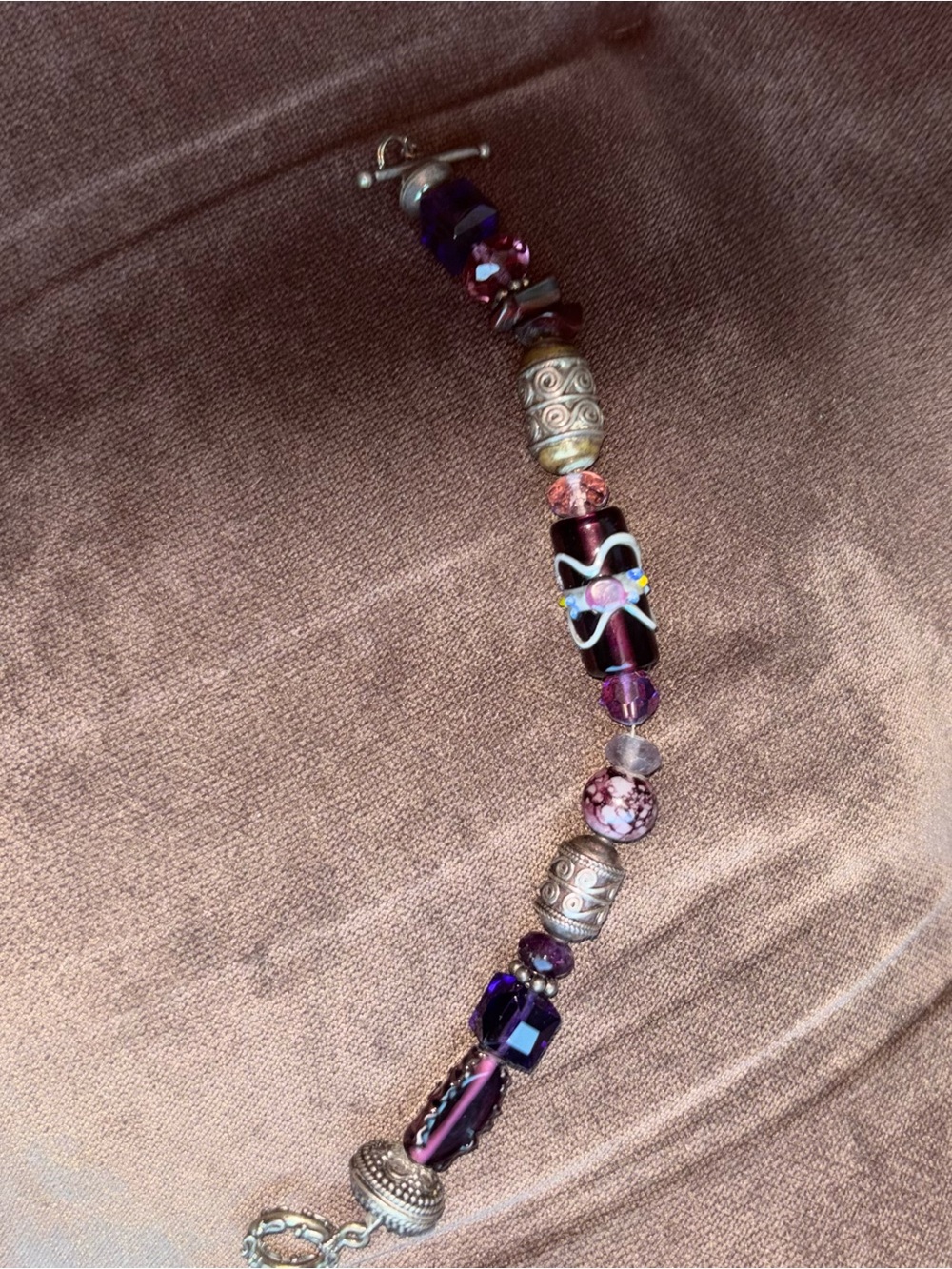 Handmade Purple Glass & Silver Bead Bracelet - Purple